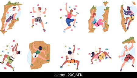 Wall climbers. Rock climbing team people characters, extreme sport mountaineering outdoor risk activities climber safety rope exercise on high cliff set vector illustration kids climbing on rock Stock Vector