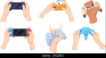 Hands hold gamepad. Gamer hand holding gamepads controller, gaming joystick for game console control, videogame cybersport concept joy games technology, neat vector illustration Stock Vector