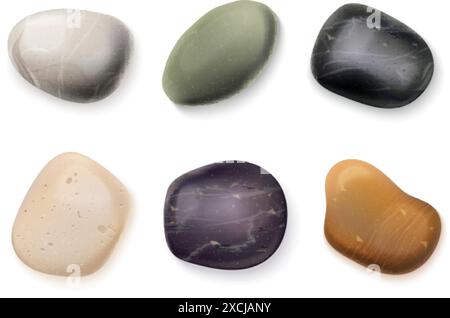 Realistic spa stone. Pebble white smooth rock, beautiful sea river stones marble white gray pebbles for zen meditation massage or garden, mineral texture exact vector illustration Stock Vector