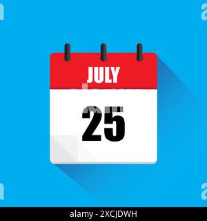 Calendar page icon. July twenty fifth. Red and white design. Blue background. Stock Vector