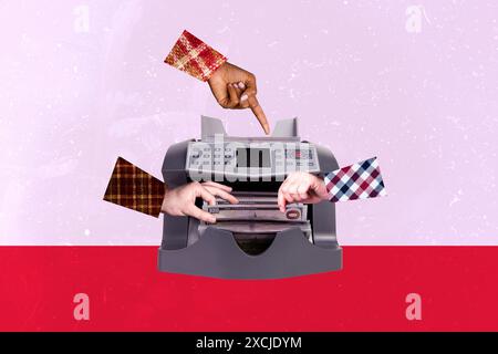 Composite collage image of business people arms hold dollar banknote bill cash count teller auto machine isolated on painted background Stock Photo