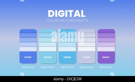 Color palette guide in Digital colour theme collection. Color inspiration or chart with codes template. Color combination RGB. Colors swatches for gra Stock Vector