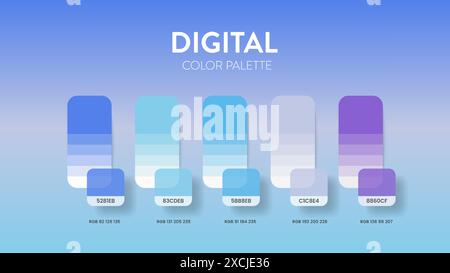 Color palette guide in Digital colour theme collection. Color inspiration or chart with codes template. Color combination RGB. Colors swatches for gra Stock Vector