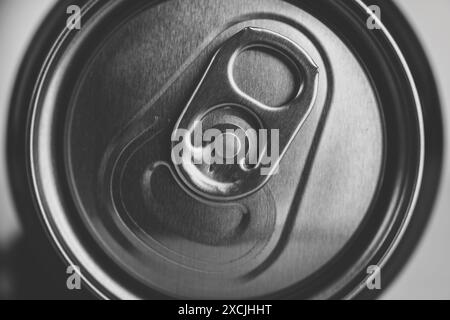 Close-up of an unopened aluminum can with ring pull, in black and white Stock Photo