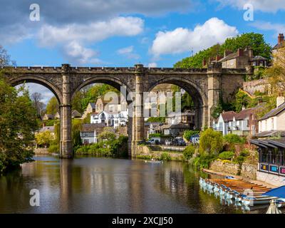 View of the railway viaduct over the River Nidd in Knaresborough North Yorkshire England UK which was built in 1852 designed by Thomas Grainger. Stock Photo