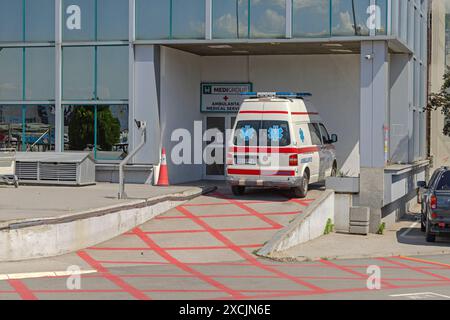 Belgrade, Serbia - May 28, 2024: Ambulance Medical Service Centre Medigroup Ems at Nikola Tesla Airport Terminal Building Surcin. Stock Photo