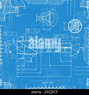 Mechanical engineering drawings on blue background. Tap tools, borer. Technical Design. Cover. Blueprint. Seamless pattern. Vector illustration. Stock Vector