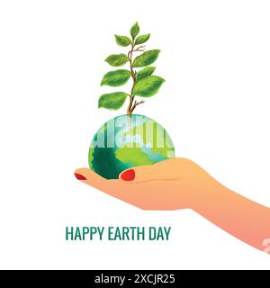 Happy earth day in hands holding globe concept design Stock Vector