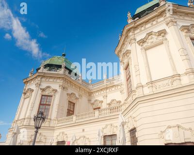 Wien, Austria - July 28, 2023: Belvedere Palace in summer sunny day. Baroque beautiful facade with statues and bas-reliefs of Lower Belvedere. Stock Photo