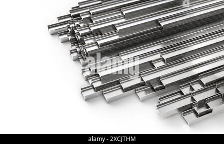 Steel bars of different sizes are lying on a white surface 3d render Stock Photo