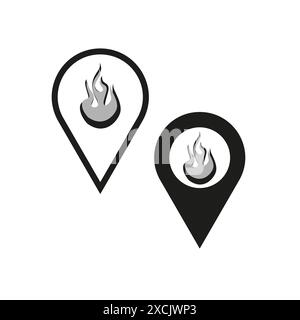 Fire location icons. Map pin symbols. Flame vector design. Simple black outlines. Stock Vector