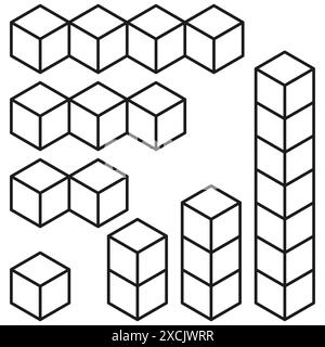 Isometric cube structures. Geometric vector shapes. Black outline design. White background. Stock Vector