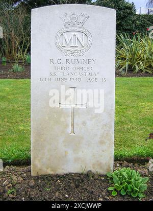 Pornic, France. June 16, 2024 : Military grave of crew member in the Commonwealth War Cemetery, who died as Third Officer during the horrific sinking of Cunard Line's ocean Liner RMS Lancastria (requisitioned as troopship) on 17 June 1940 near St Nazaire. Every year commemorations of the tragedy, which had been censored from English news on Churchill's orders, take place. This disaster at sea that killed 4000/7000 victims is the largest single ship loss of life in British maritime history, bodies of soldiers & sailors washed up on French beaches for months. Credit: Kevin Izorce/Alamy Live News Stock Photo