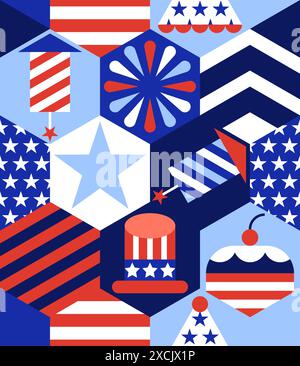 USA abstract geometric seamless pattern. Hexagon color block holiday party background with American flag and symbols. Vector fashion print, banner, po Stock Vector