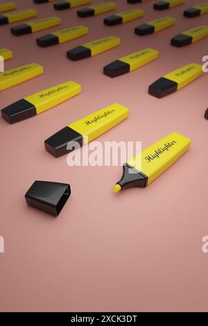 Close up of a yellow highlighter with copy space. 3d illustration. Stock Photo