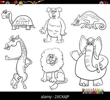 Black and white cartoon illustration of wild animal characters set coloring page Stock Vector