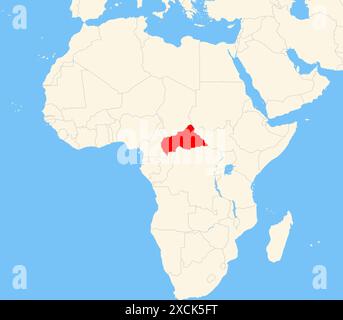 Locator map showing the location of the country Central African Republic in Africa. The country is highlighted with a red polygon. Small countries are Stock Photo