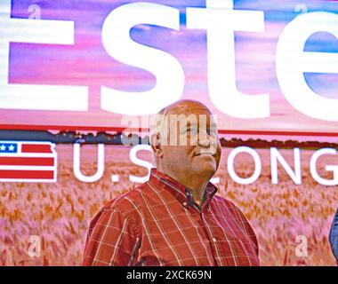 WICHITA, KANSAS - JUNE 15, 2024 Congressman Ron Estes (R-KS) stands in front of video campaign sign during a fundraiser rally in his bid for re-election to the 4th congressional seat. Stock Photo