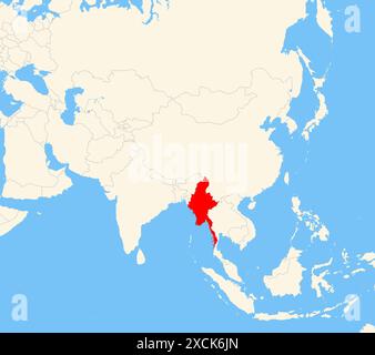 Locator map showing the location of the country Myanmar in Asia. The country is highlighted with a red polygon. Small countries are also marked with a Stock Photo