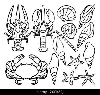 Ocean sea animals doodle outline set. Marine cartoon design crabs, seashell and starfishes. Nautical undersea vector icons. Stock Vector