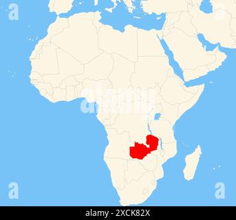 Locator map showing the location of the country Zambia in Africa. The country is highlighted with a red polygon. Small countries are also marked with Stock Photo