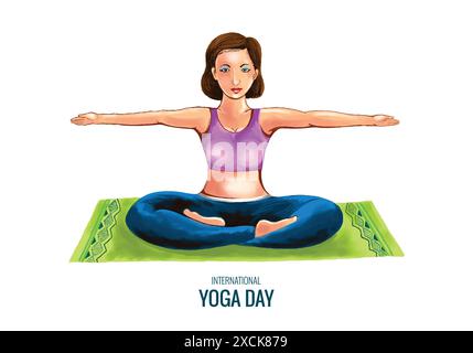 Illustration of young woman doing asana for international yoga day background Stock Vector