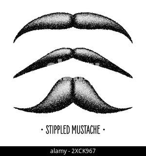 Stippled vintage mustache. Curly facial hair. Hipster beard. Stippling, dot drawing and shading, stipple pattern, halftone effect. Vector illustration Stock Vector