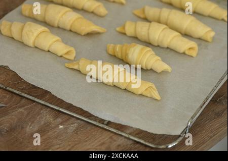 Close up croissant dough with egg wash Stock Photo