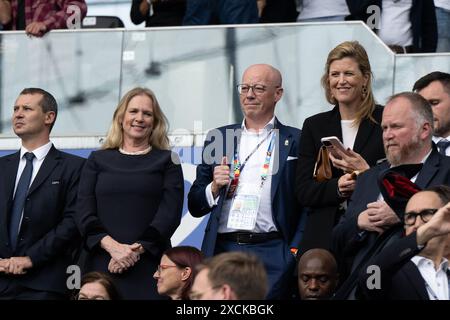 Frankfurt, Germany. 17th June, 2024. RBFA chairwoman Pascale Van Damme and RBFA CEO Piet Vandendriessche pictured with Belgian Interior Minister Annelies Verlinden during a soccer game between the national teams of Belgium, called the Red Devils and Slovakia on the first matchday in Group E in the group stage of the UEFA Euro 2024 tournament, on Monday 17 June 2024 in Frankfurt, Germany . Credit: sportpix/Alamy Live News Stock Photo