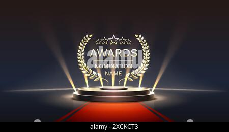 Awards nomination name podium, golden prize event, scene star ceremony. Vector Stock Vector