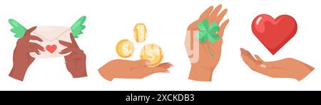 Human hands holding mail, coin, clover, heart set Stock Vector
