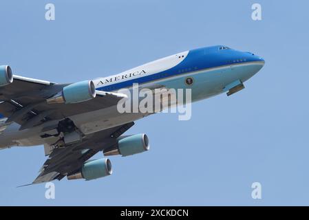 Air Force One shown leaving from LAX, Los Angeles International Airport on June 16, 2024. Stock Photo