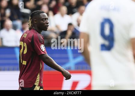 Frankfurt, Germany. 17th June, 2024. Belgium's Jeremy Doku reacts during a soccer game between Belgian national soccer team Red Devils and Slovakia, Monday 17 June 2024 in Frankfurt Am Main, Germany, the first match in the group stage of the UEFA Euro 2024 European championships. BELGA PHOTO BRUNO FAHY Credit: Belga News Agency/Alamy Live News Stock Photo