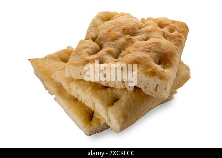 Genoa focaccia, three slices of olive oil flatbread isolated on white with clipping path included Stock Photo