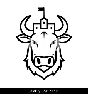 Bull Castle logo or modern line icon. Vector line art and icon design with bold outline. Black and white Pixel Perfect minimalistic symbol isolate whi Stock Vector