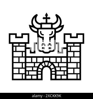 Bull Castle logo or modern line icon. Vector line art and icon design with bold outline. Black and white Pixel Perfect minimalistic symbol isolate whi Stock Vector