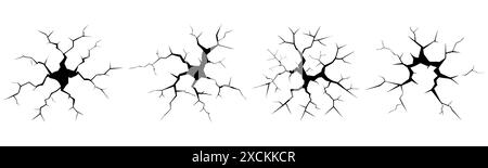 Ground cracks, breaks on land surface. Vector realistic set of fissure in ground, crevices from disaster or drought, black fractures top view. Stock Vector