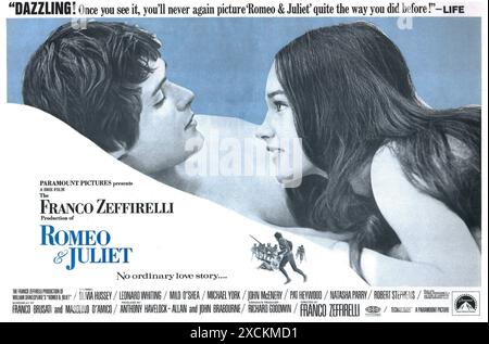 1968 Romeo and Juliet original film poster, Director: Franco Zeffirelli, the film stars Leonard Whiting as Romeo and Olivia Hussey as Juliet Stock Photo