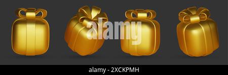 3d gift boxes set with gold ribbon bow isolated on a white background. 3d render flying modern holiday closed surprise box. Realistic vector icon for Stock Vector