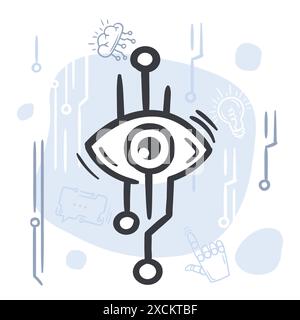 Computerized eye with digital information flow. Concept of artificial intelligence, innovation and computer technology Stock Vector