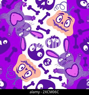 Halloween monsters seamless bunnies and pumpkins and skulls pattern for wrapping paper and fabrics and linens and kids clothes print and autumn party Stock Photo