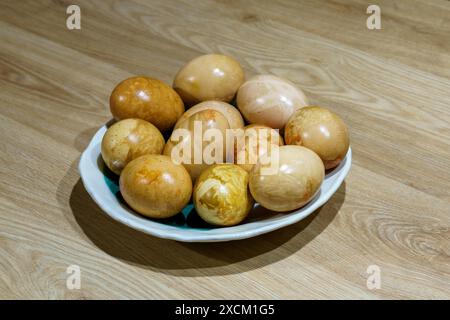 Easter eggs coloured with onion shell Stock Photo