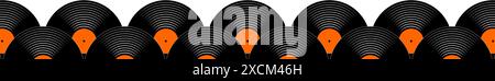 Border with vinyl records. Repeated LP or long play music discs icons isolated on white background. 70s 80s 90s discotheque or techno party design. Vector flat illustration. Stock Vector