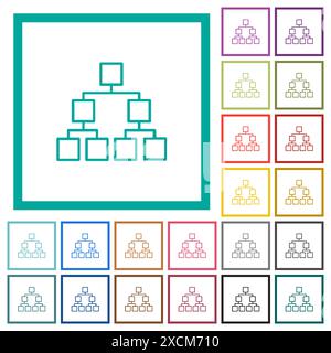 Organizational chart down outline flat color icons with quadrant frames on white background Stock Vector