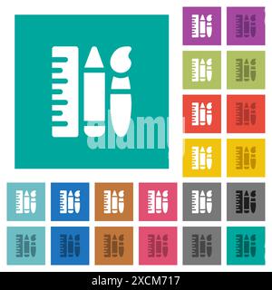 Art tools solid multi colored flat icons on plain square backgrounds. Included white and darker icon variations for hover or active effects. Stock Vector