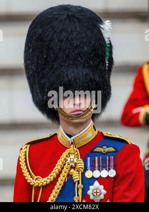 London, UK. 15th June, 2024. LONDON, ENGLAND - JUNE 15: Prince William, Prince of Wales during Trooping the Colour on June 15, 2024 in London, England. Trooping the Colour is a ceremonial parade celebrating the official birthday of the British Monarch. The event features over 1,400 soldiers and officers, accompanied by 200 horses. More than 400 musicians from ten different bands and Corps of Drums march and perform in perfect harmony POINT THE VUE OUT/dpa/Alamy Live News Stock Photo