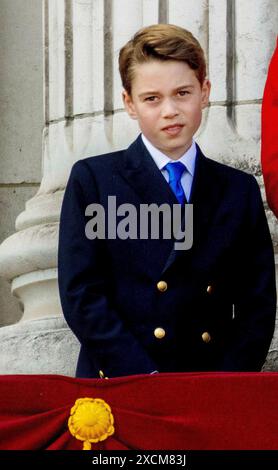 London, UK. 15th June, 2024. LONDON, ENGLAND - JUNE 15: Prince George of Wales appear on the balcony of Buckingham Palace during Trooping the Colour on June 15, 2024 in London, England. Trooping the Colour is a ceremonial parade celebrating the official birthday of the British Monarch. The event features over 1,400 soldiers and officers, accompanied by 200 horses. More than 400 musicians from ten different bands and Corps of Drums march and perform in perfect harmony POINT THE VUE OUT/dpa/Alamy Live News Stock Photo