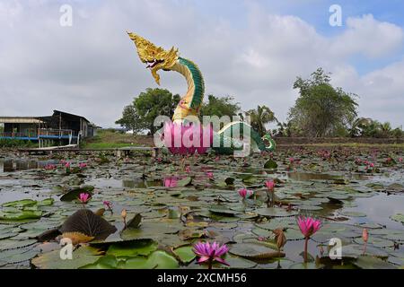 Sculpture of a giant Naga rising out of a lotus, surrounded by blooming red 'bua sai' waterlilies, Thailand Stock Photo