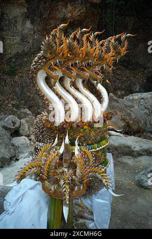 Thai Baisi decoration made of banana leaves and flowers, crafted to resemble mythical Naga serpents Stock Photo