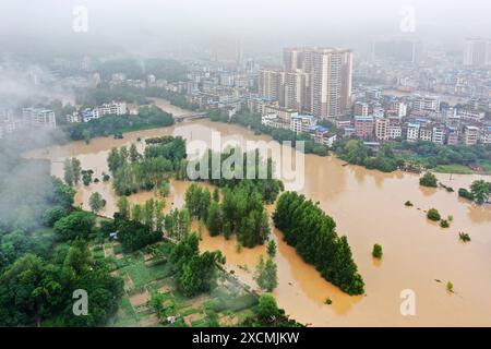 GUILIN, CHINA - JUNE 18, 2024 - Flood waters inundate low-lying areas in Quanzhou county, Guilin city, South China's Guangxi Zhuang Autonomous region, Stock Photo